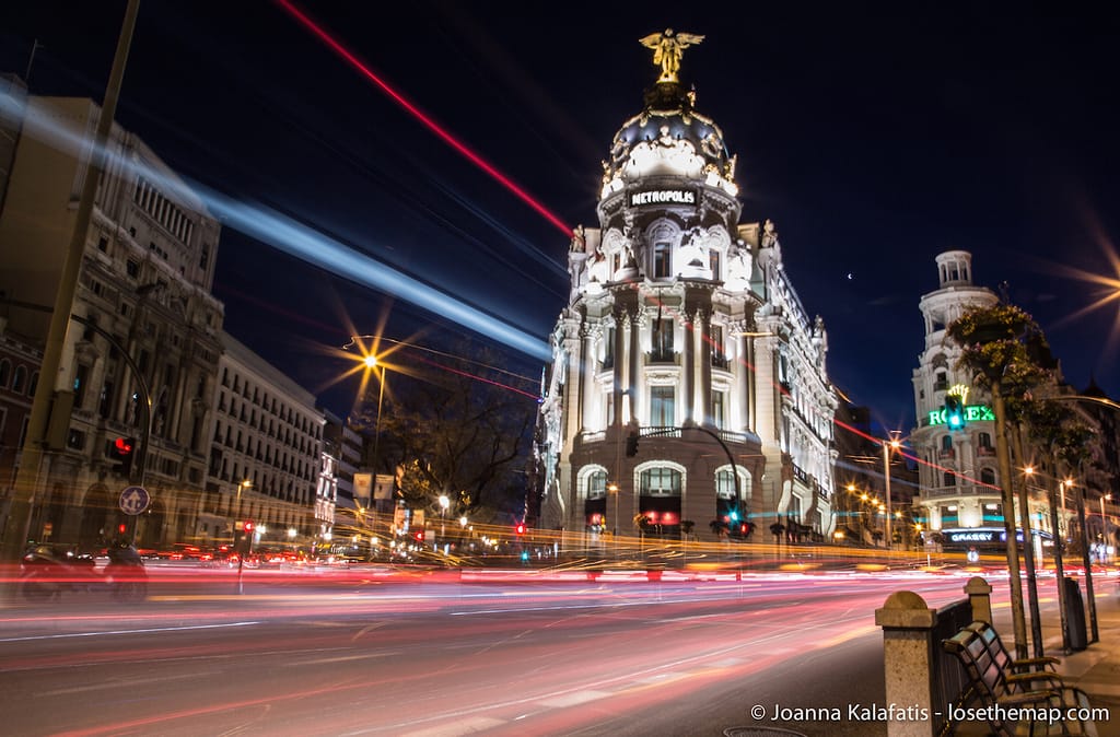 Metropolis Building of Madrid at night.