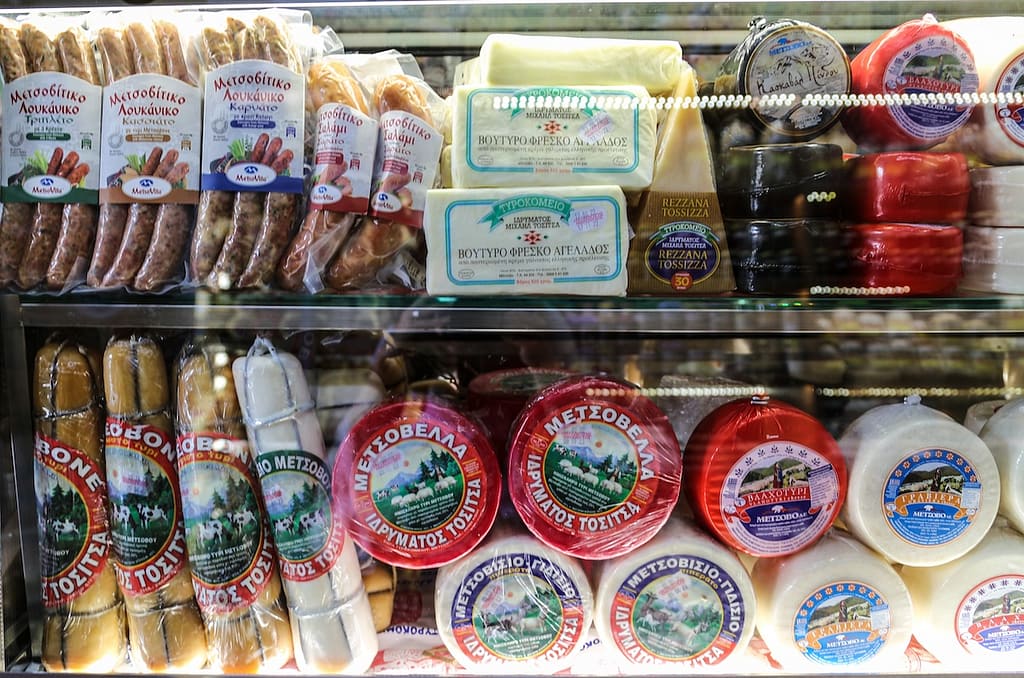 Cheese in Metsovo; the town is known for its meat, wine, and cheese.