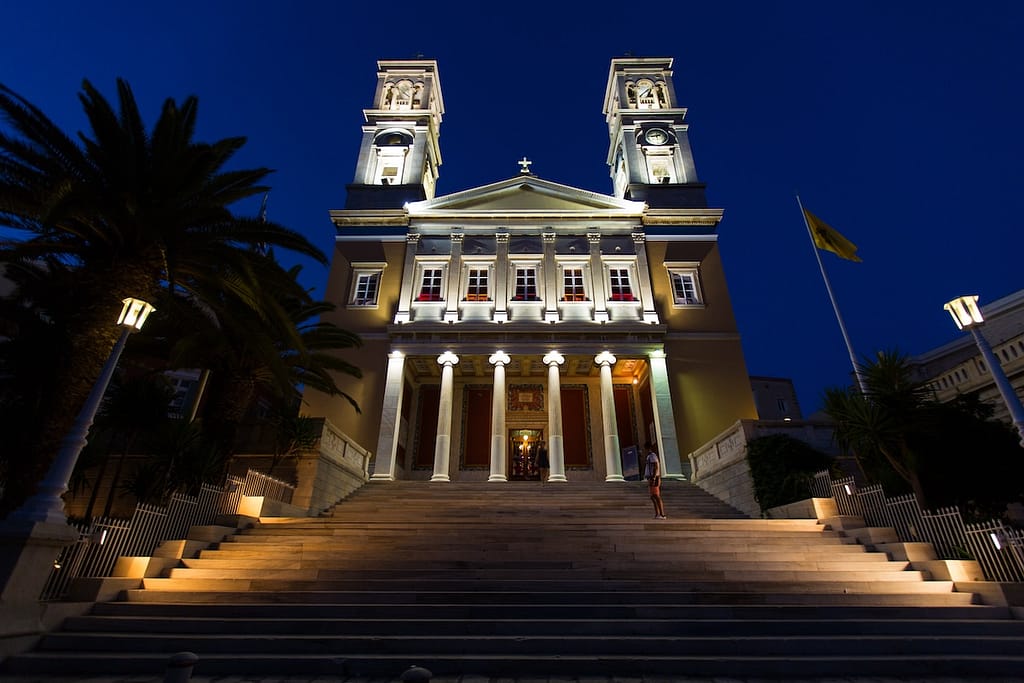 St. Nicholas Church (Agios Nikolaos) in Syros all lit up at night.