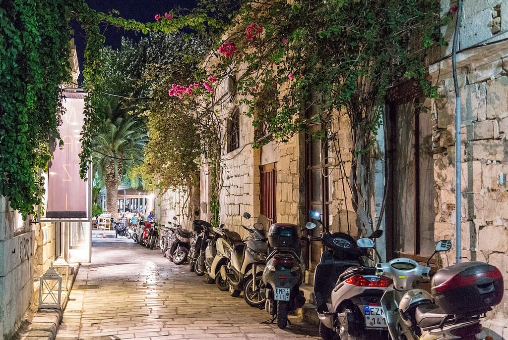 Lit up streets of Ermoupoli at night. Syros has great dining and cocktail bars that attract tourists from all over the world.