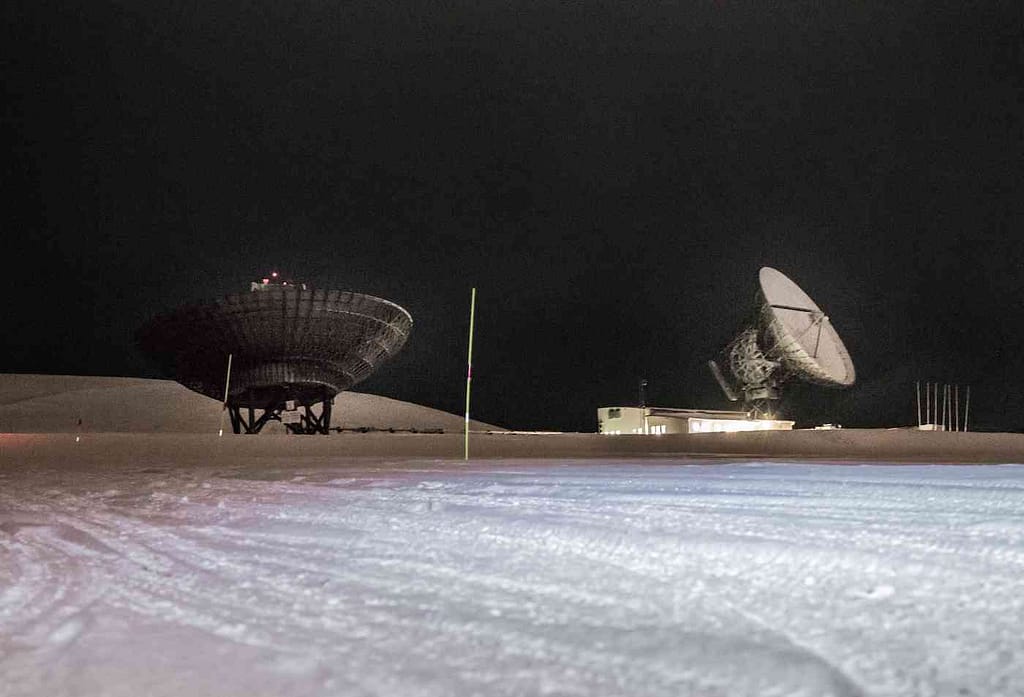 Satellites on the snow in Svalbard, used for Arctic research.