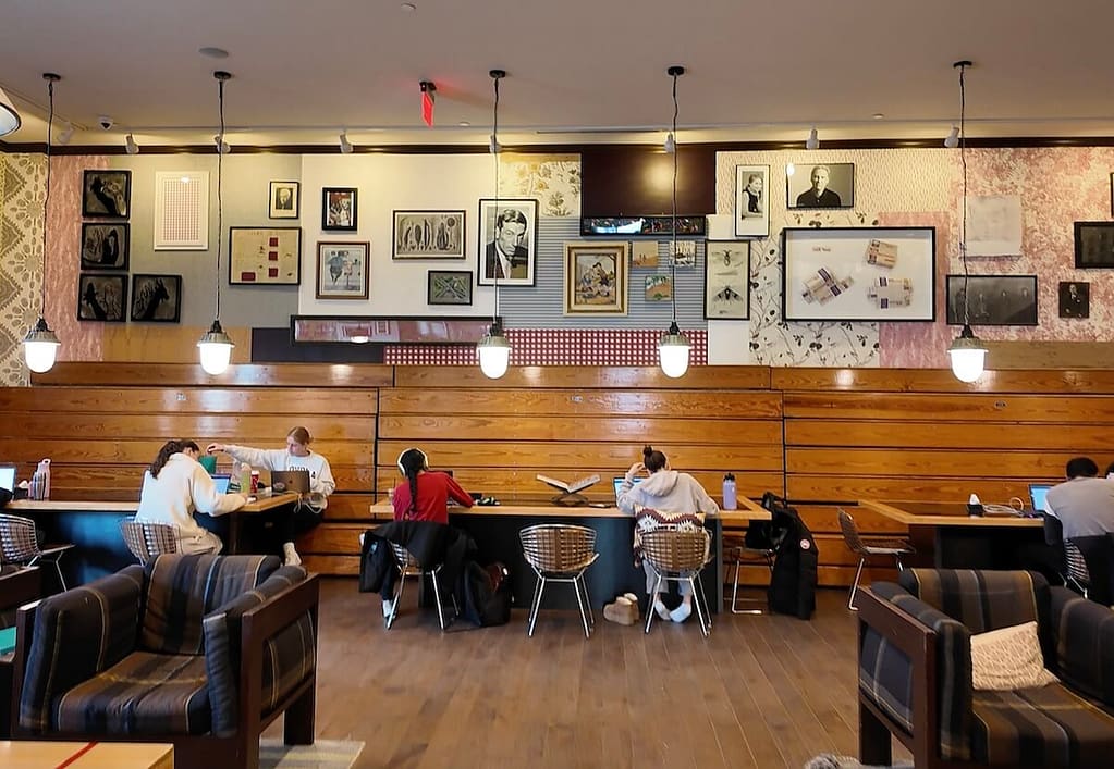 The work area on the ground floor of the Graduate Bloomington Hotel