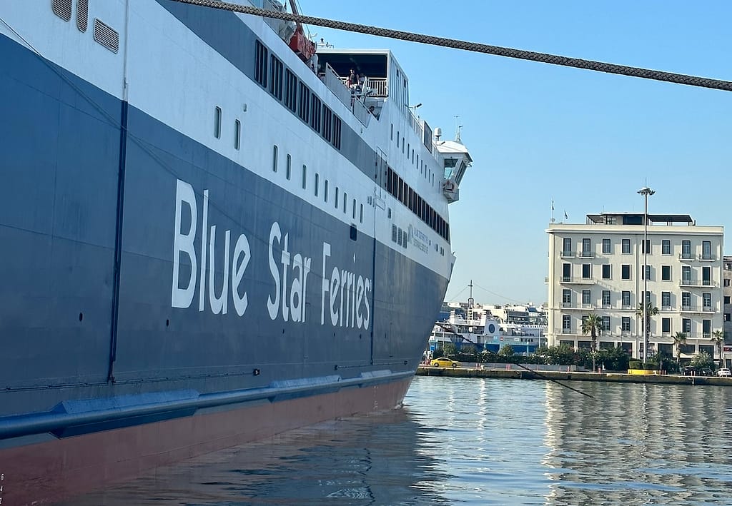 Blue Star Ferries ship in the port of Piraeus, Greece.