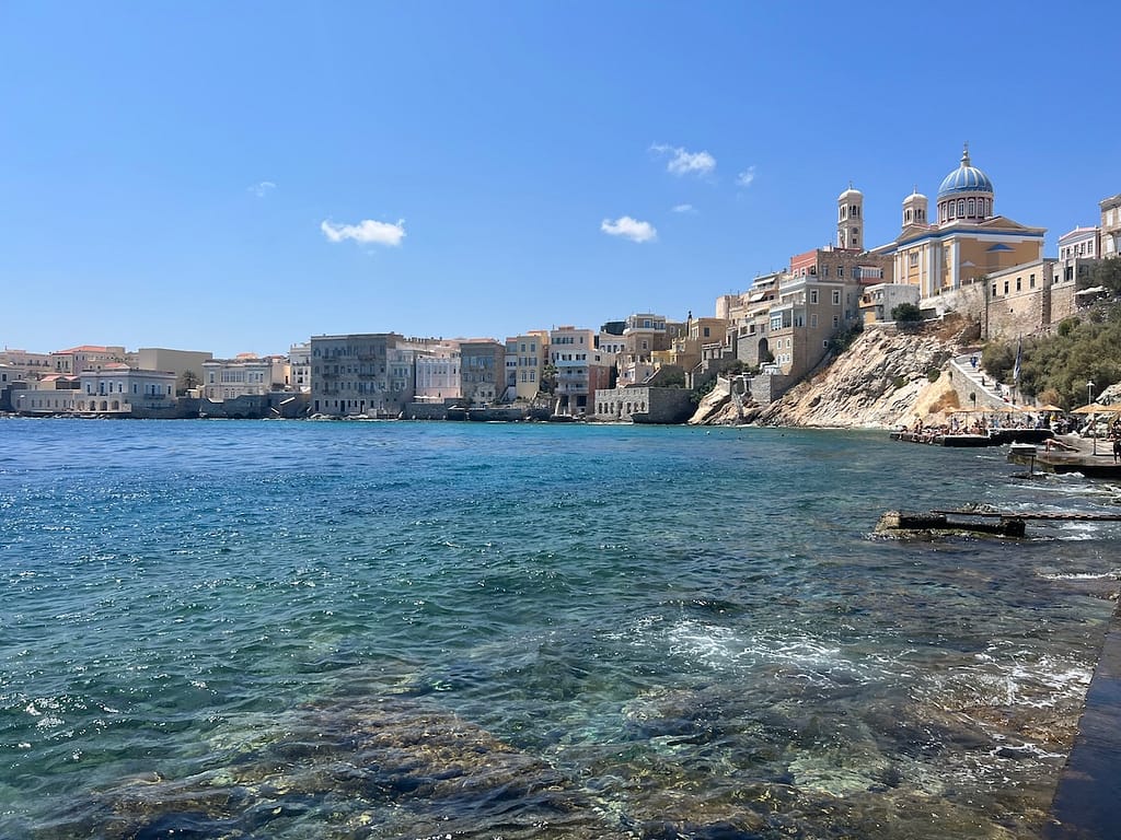The view of Vaporia from Ciel Syros, one of the most popular beach bars on Syros island.