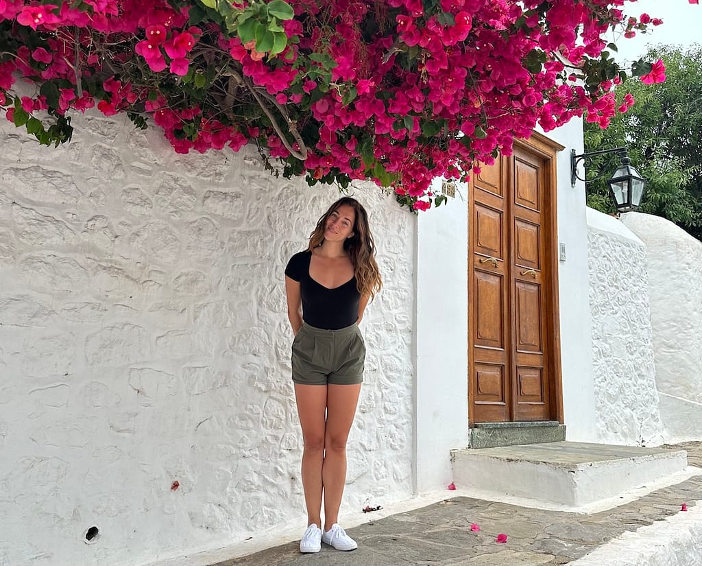 Walking through the streets and bougainvilleas of Hydra island