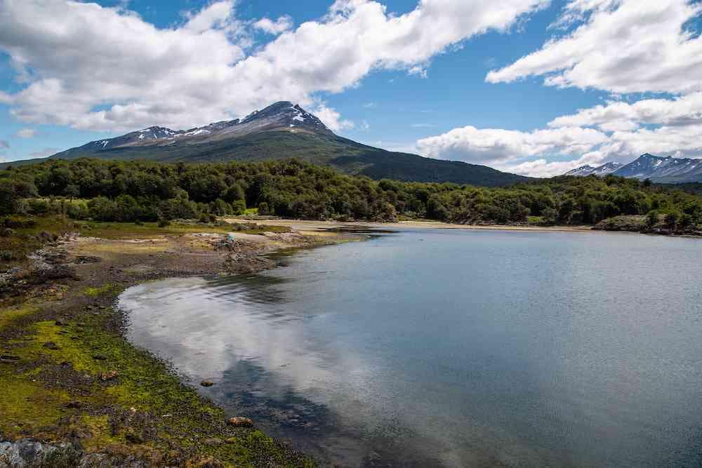 Lapataia Bay shore with a cloudy sky on top