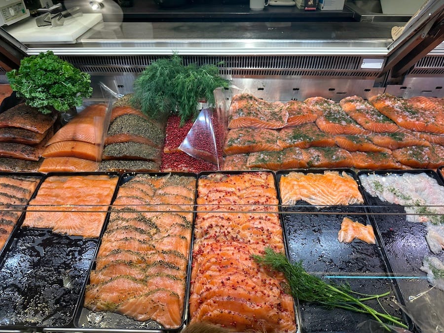 Different types of salmon at Market Hall in Helsinki. Salmon is one of Finland's favorite foods.