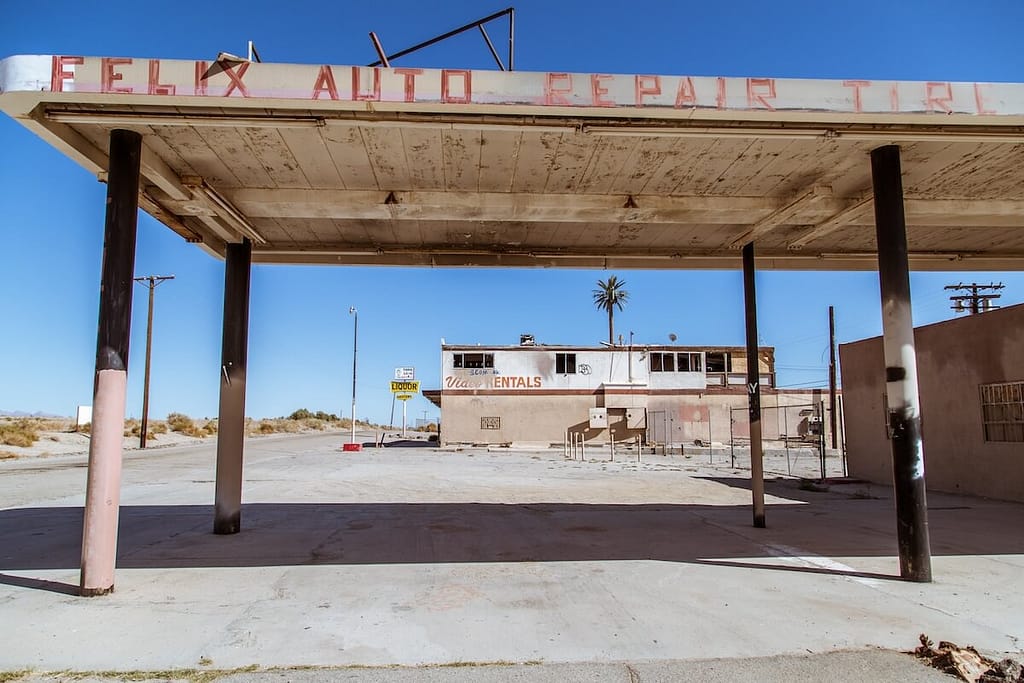 Businesses and gas stations sit abandoned and empty in Salton Sea