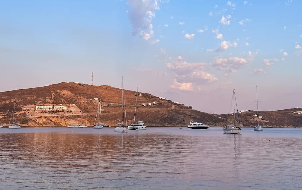 Pinkish sunset sky over Livadi Bay, the main port of Serifos.