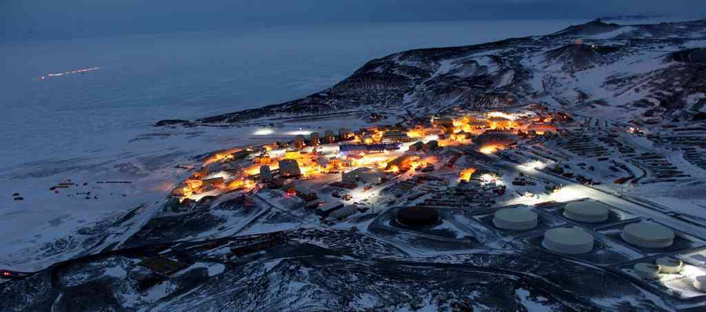 A photo of McMurdo Station in Antarctica from above.