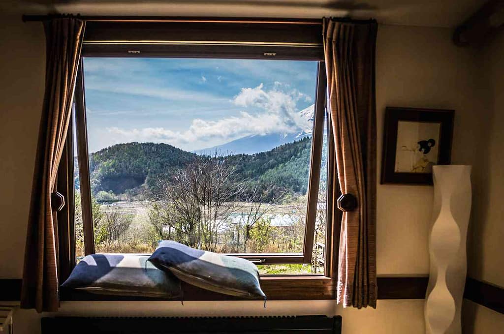 View from Sakuya Guesthouse at Mount Fuji. I stayed at this small Japanese ryokan and experience traditional Japanese hospitality. With a killer view.