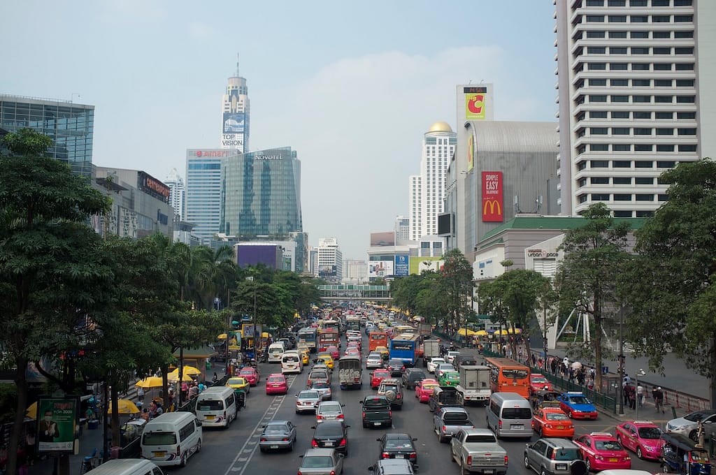 Streets of Bangkok, Thailand during rush hour.