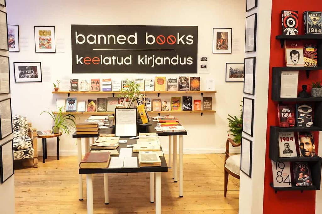 The interior of the Banned Books Museum in Tallinn, Estonia. It contains a collection of books banned in various countries around the world.