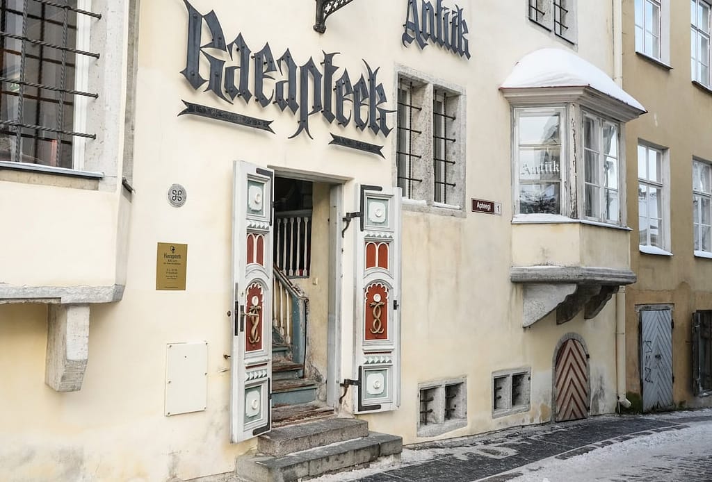 The entrance to Town Hall Pharmacy in Tallinn. Fun facts about Estonia: it's one of the oldest continuously operating pharmacy in Europe.