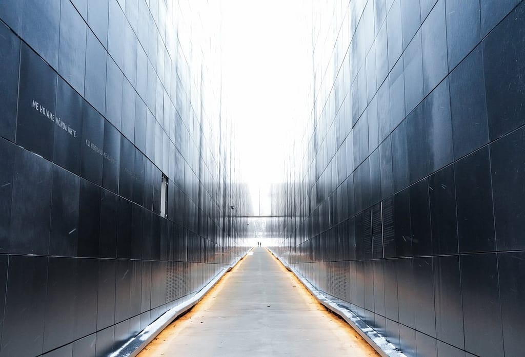 The walls of the Victims of Communism Memorial in Estonia commemmorate the tens of thousands of Estonians killed during Soviet rule. Names are inscribed into the walls, and they appear to come together towards the end in a sort of optical illusion.