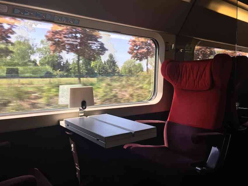 Train travel window view from a RailEurope car passing through northwest Europe.